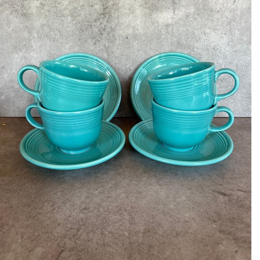 Fiestaware vintage turquoise blue teacup & saucer plate set lot 8 pieces aqua